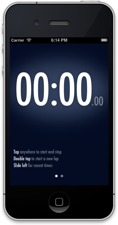 Tap anywhere to start and stop; Double tap to start a new lap; Slide left for recent times